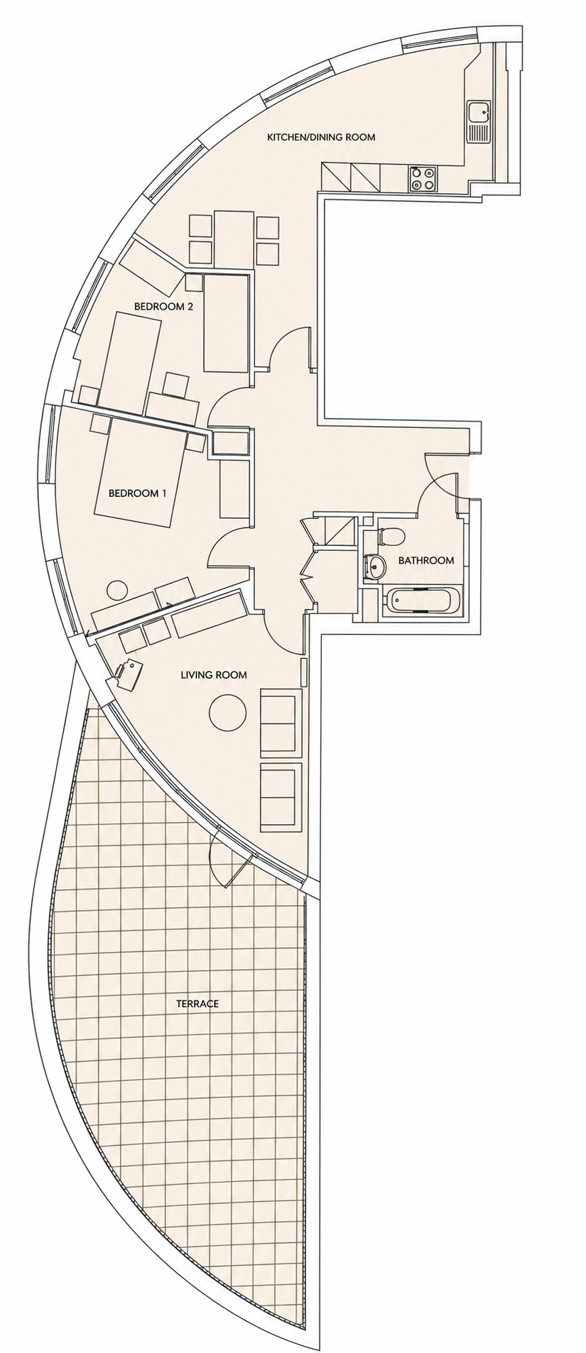 Floorplan — two bedrooms, living room, kitchen/dining, bathroom and large curved terrace